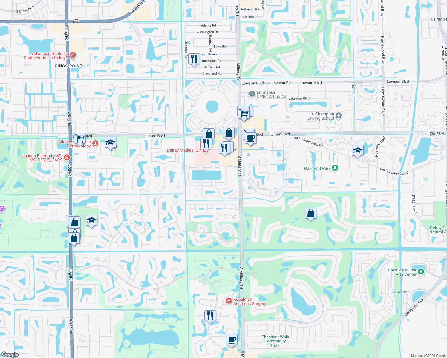 map of restaurants, bars, coffee shops, grocery stores, and more near 16379 Water Way in Delray Beach
