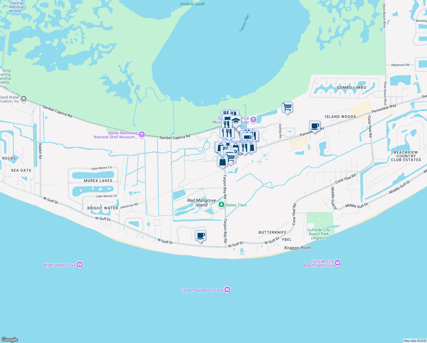 map of restaurants, bars, coffee shops, grocery stores, and more near 4 Island Inn Road in Sanibel