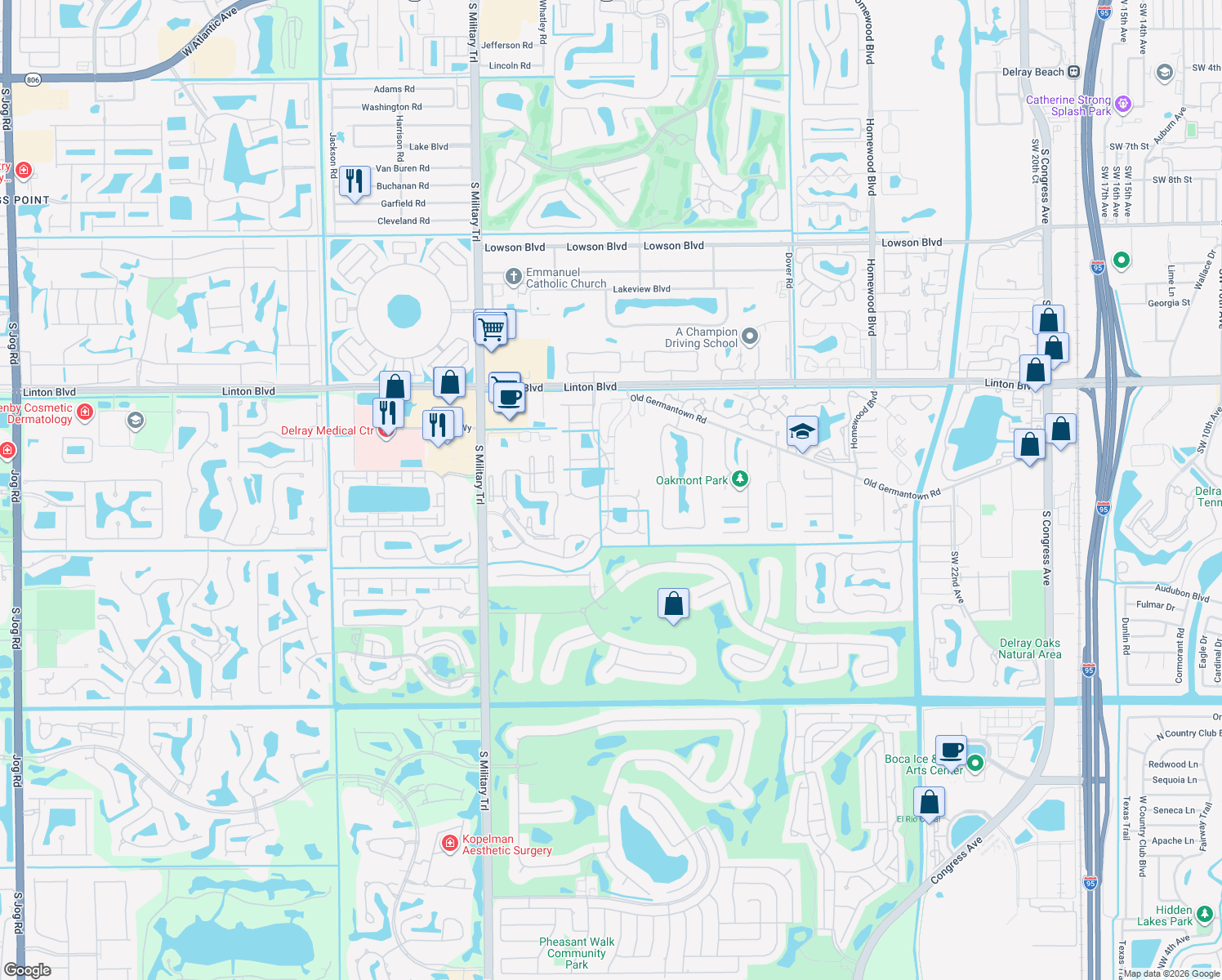 map of restaurants, bars, coffee shops, grocery stores, and more near 4601 Hammock Circle in Delray Beach