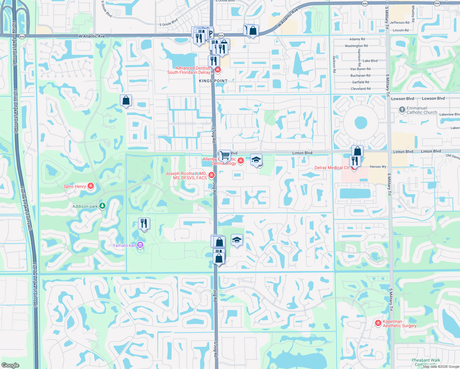 map of restaurants, bars, coffee shops, grocery stores, and more near 6321 Vía Venetia North in Delray Beach