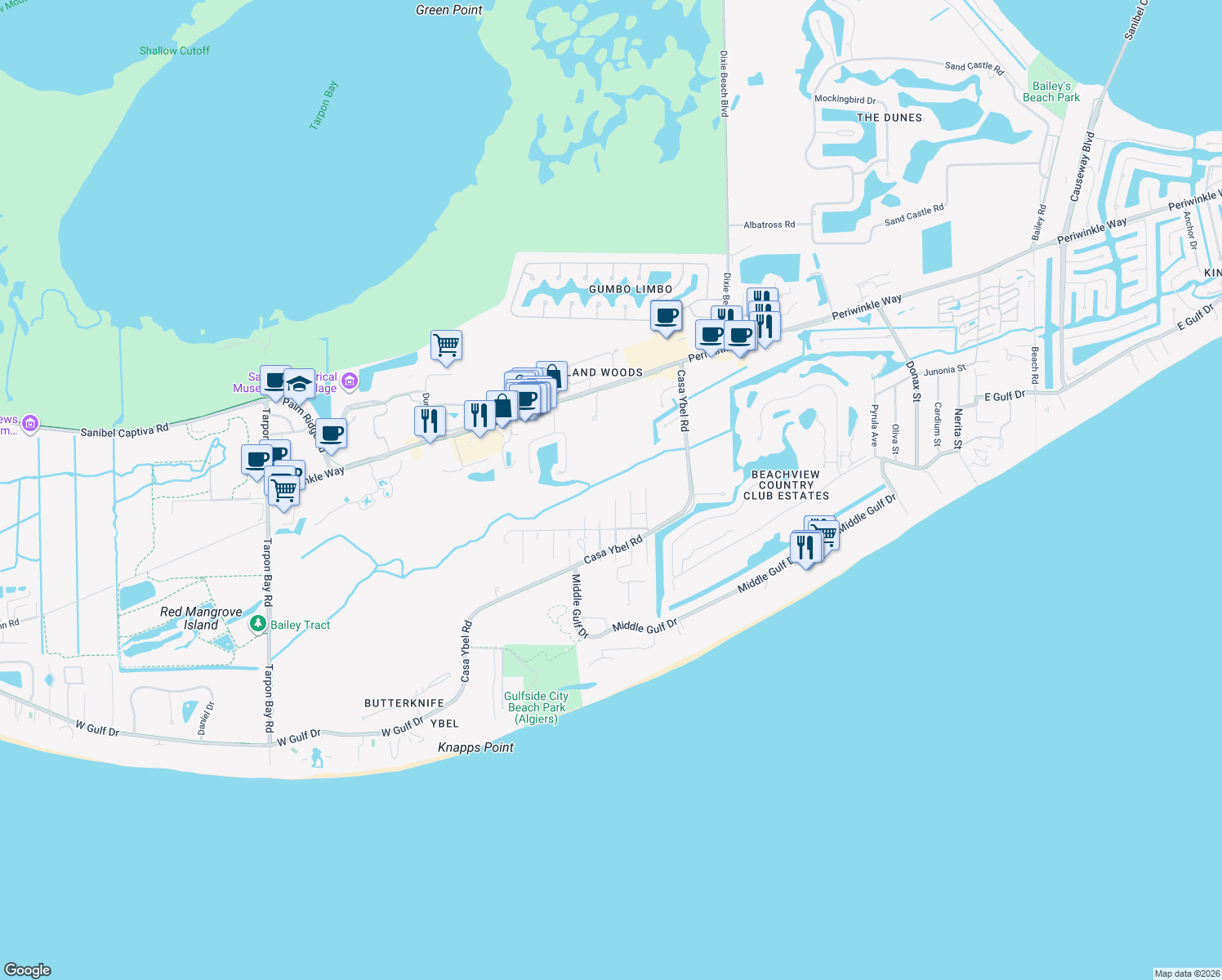 map of restaurants, bars, coffee shops, grocery stores, and more near 595 Leather Fern Place in Sanibel