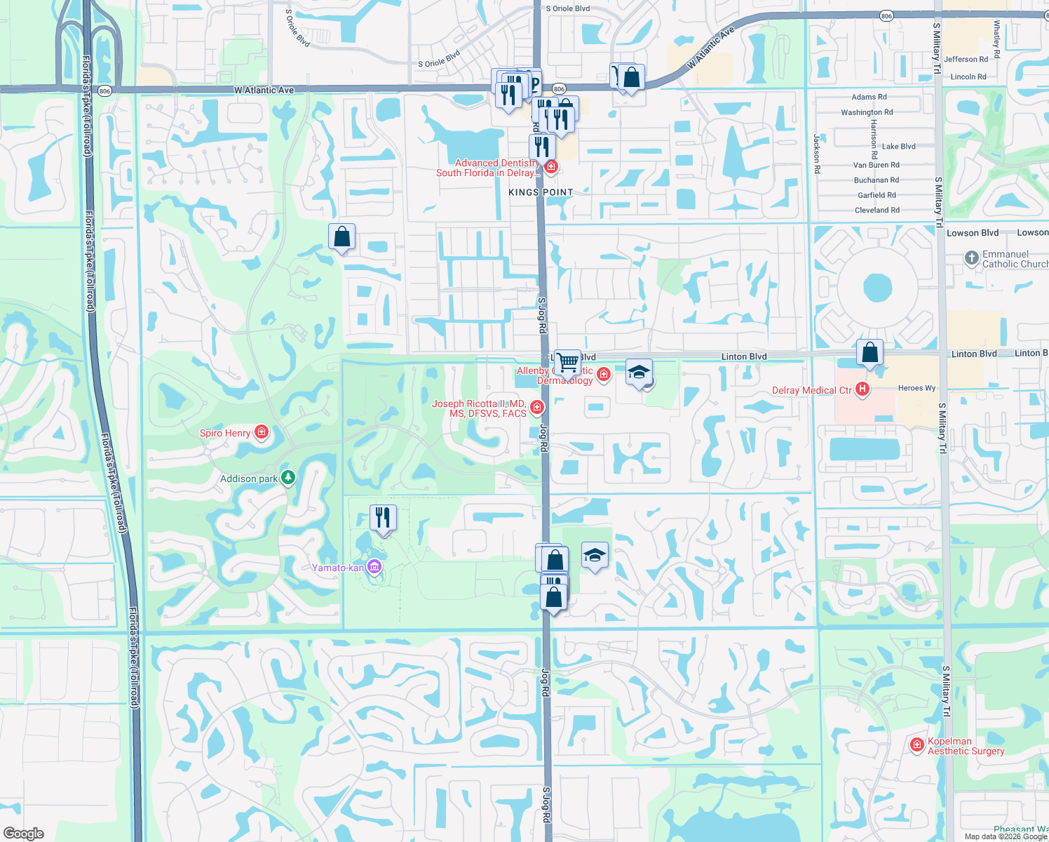 map of restaurants, bars, coffee shops, grocery stores, and more near 16267 Bristol Pointe Drive in Delray Beach
