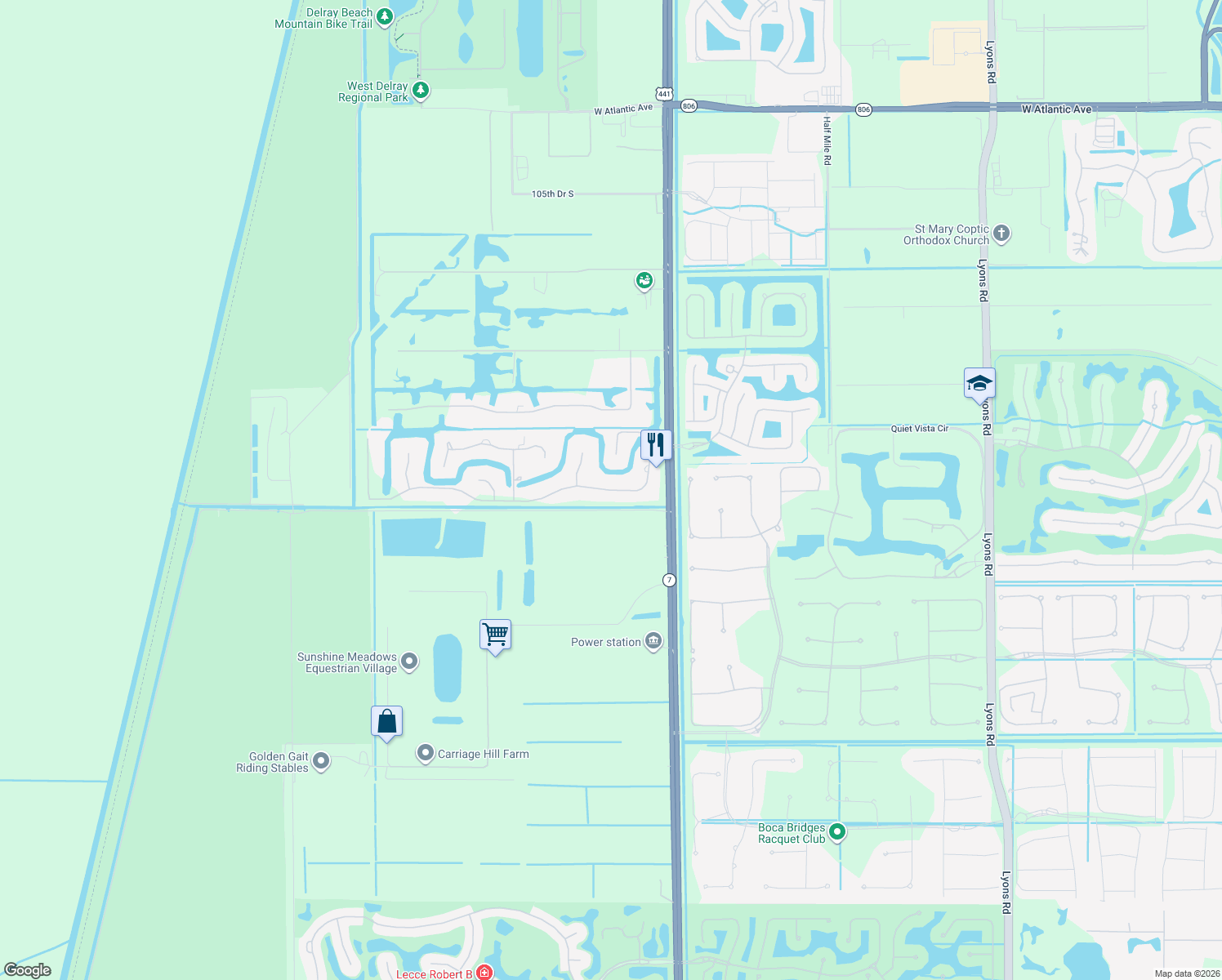 map of restaurants, bars, coffee shops, grocery stores, and more near 10305 Avenida Del Rio in Delray Beach