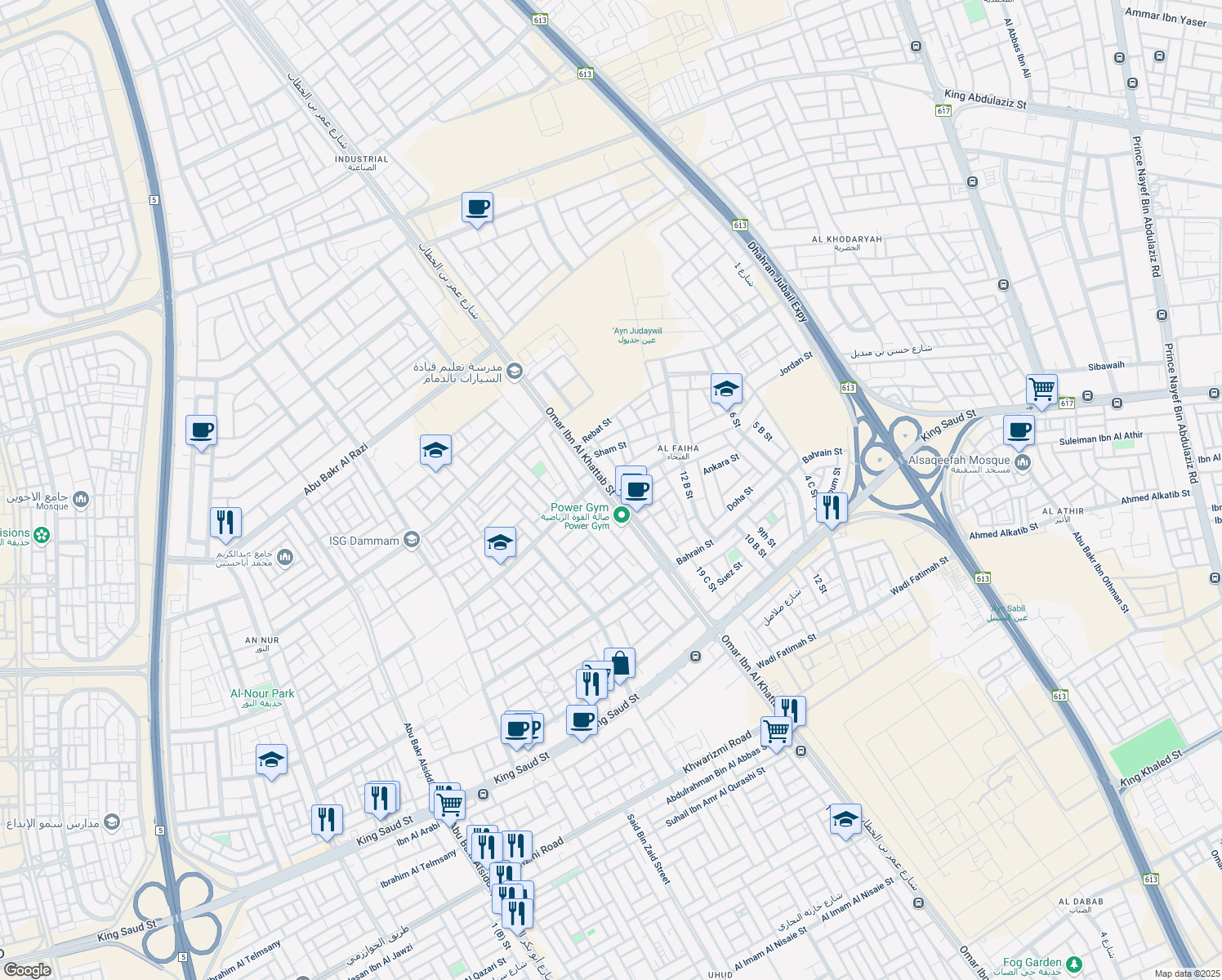 map of restaurants, bars, coffee shops, grocery stores, and more near Omar Ibn Al Khattab Street in Dammam