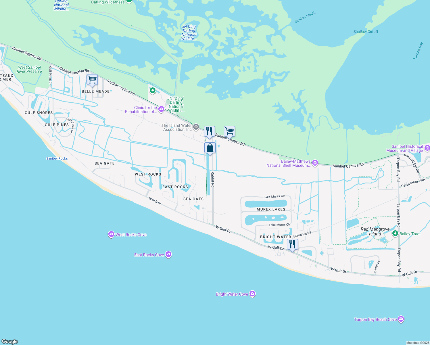map of restaurants, bars, coffee shops, grocery stores, and more near 716 Rabbit Road in Sanibel