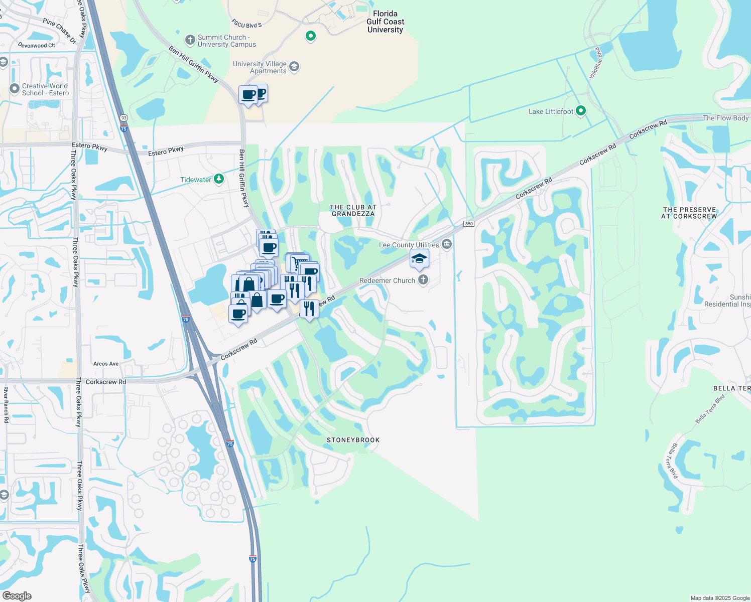 map of restaurants, bars, coffee shops, grocery stores, and more near 21268 Waymouth Run in Estero