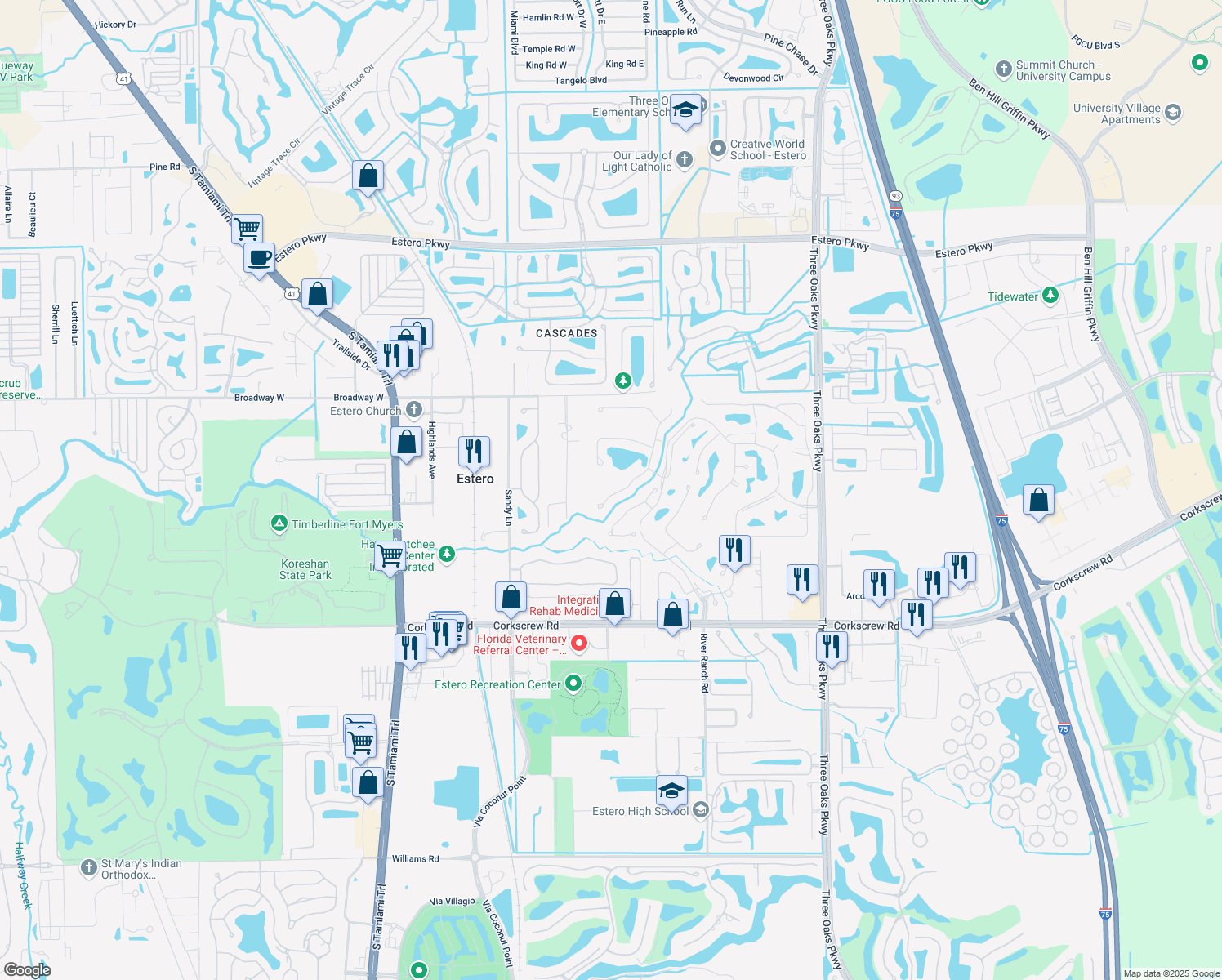 map of restaurants, bars, coffee shops, grocery stores, and more near 20930 Rivers Ford in Estero