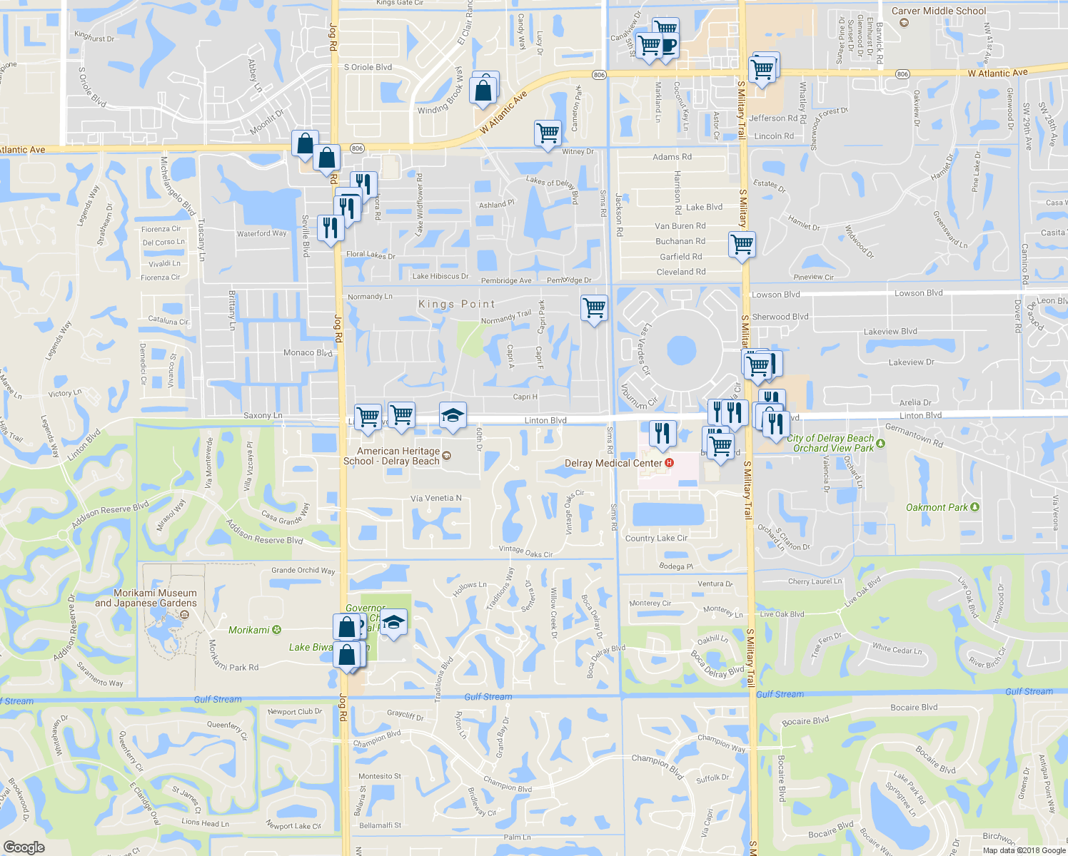map of restaurants, bars, coffee shops, grocery stores, and more near 16278 Sierra Palms Drive in Delray Beach