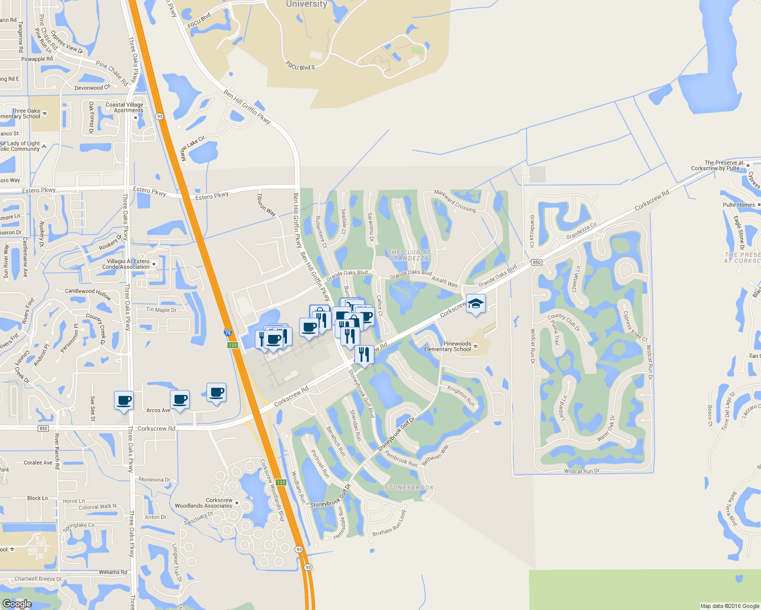 map of restaurants, bars, coffee shops, grocery stores, and more near 20259 Calice Court in Estero