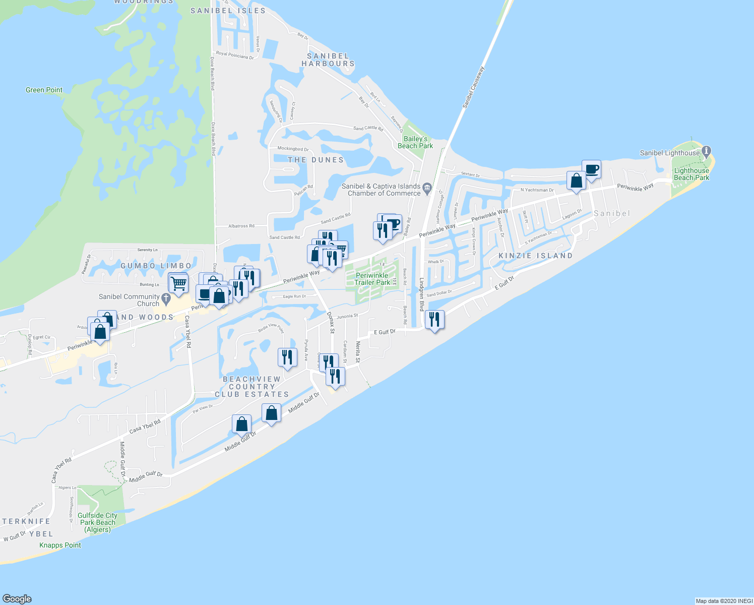 map of restaurants, bars, coffee shops, grocery stores, and more near 855 Elinor Way in Sanibel