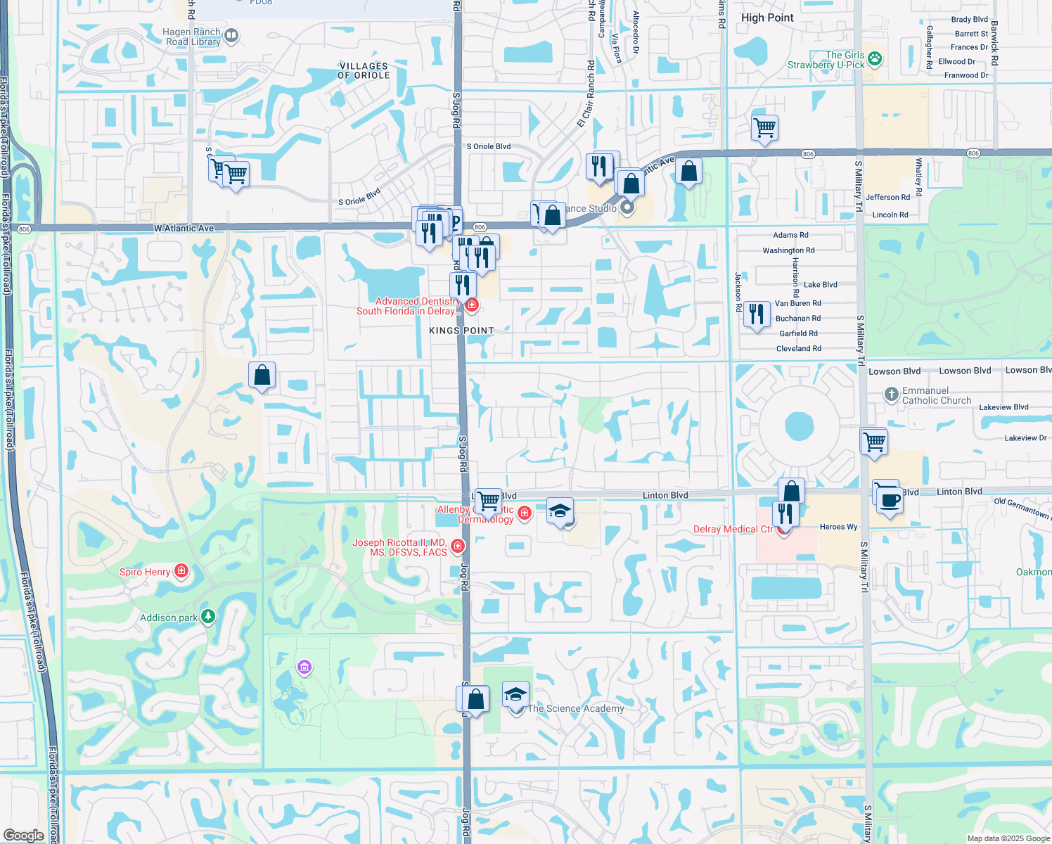map of restaurants, bars, coffee shops, grocery stores, and more near 190 Piedmont D in Delray Beach