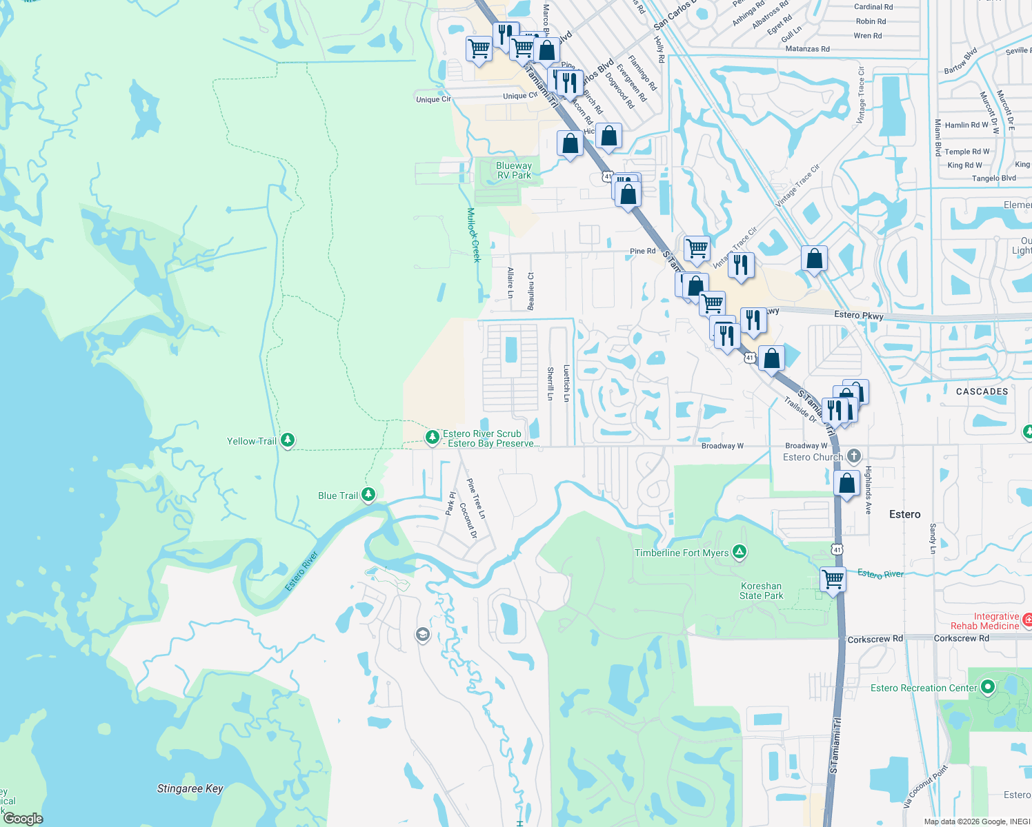 map of restaurants, bars, coffee shops, grocery stores, and more near 4621 Jefferson Davis Boulevard East in Estero