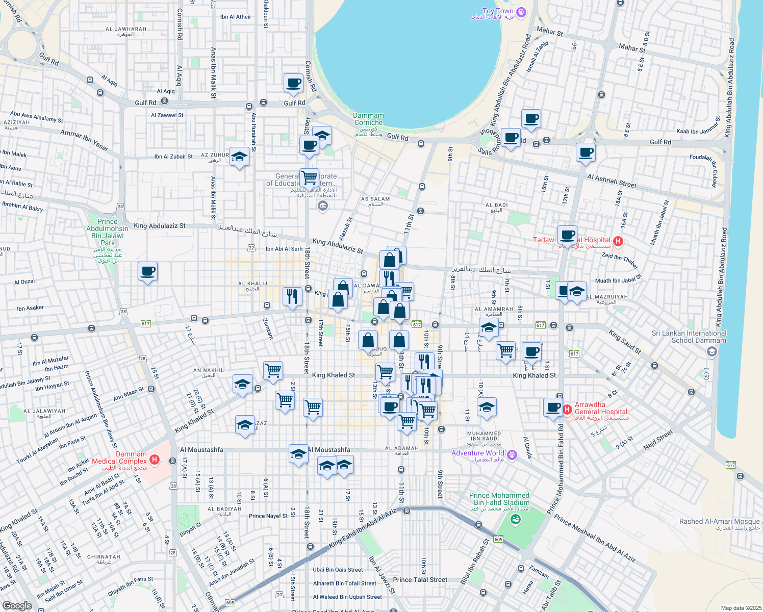 map of restaurants, bars, coffee shops, grocery stores, and more near Prince Saud Bin Jalawy Street in Dammam