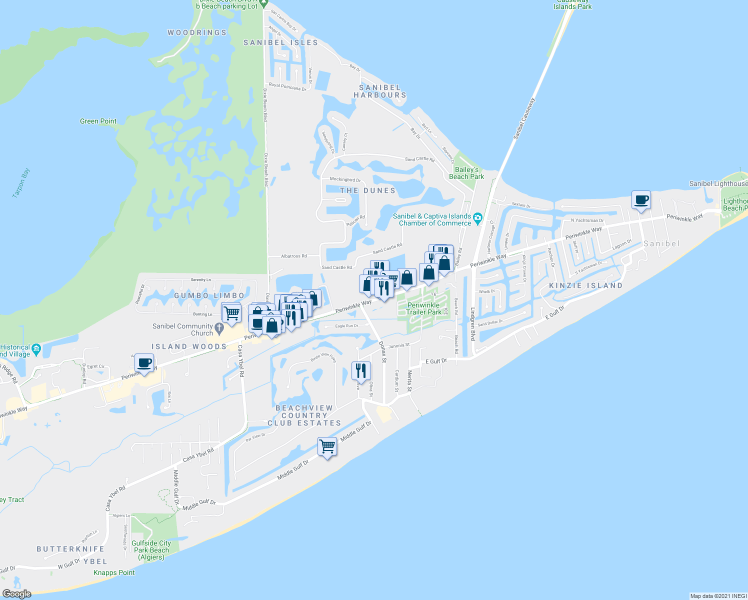 map of restaurants, bars, coffee shops, grocery stores, and more near 1244 Periwinkle Way in Sanibel