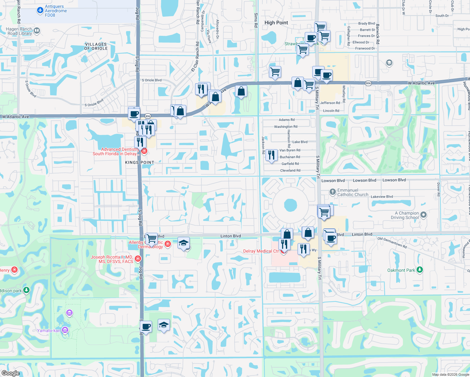 map of restaurants, bars, coffee shops, grocery stores, and more near 868 Normandy Trail in Delray Beach