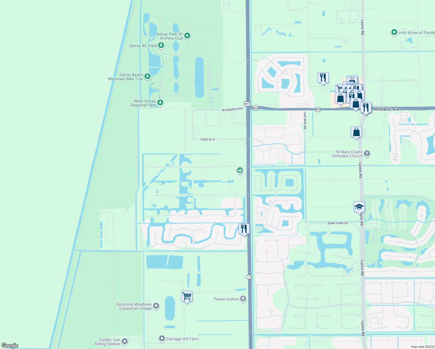 map of restaurants, bars, coffee shops, grocery stores, and more near 10236 La Reina Road in Delray Beach