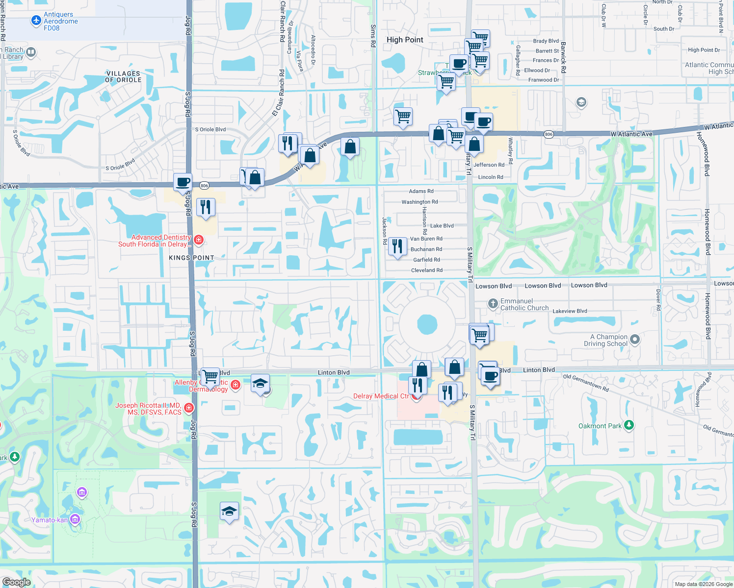 map of restaurants, bars, coffee shops, grocery stores, and more near 750 Burgundy P in Delray Beach