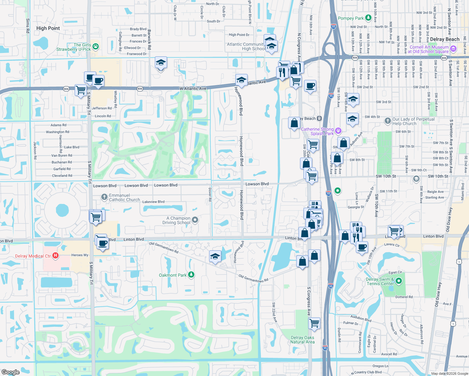 map of restaurants, bars, coffee shops, grocery stores, and more near 2835 Duke Lane in Delray Beach