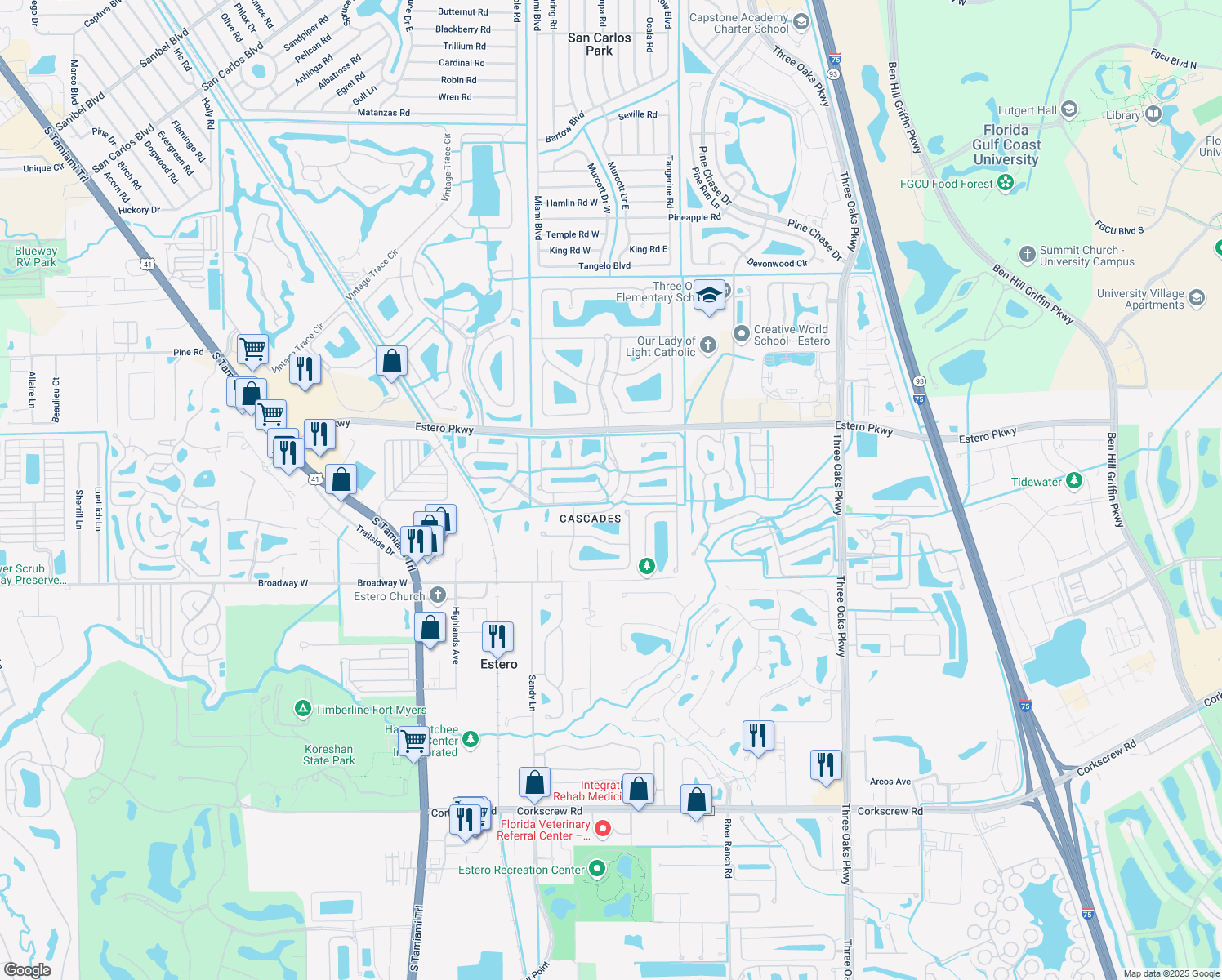 map of restaurants, bars, coffee shops, grocery stores, and more near 9234 Springview Loop in Estero