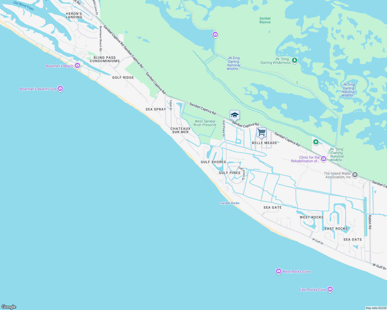 map of restaurants, bars, coffee shops, grocery stores, and more near 4627 Rue Belle Mer in Sanibel