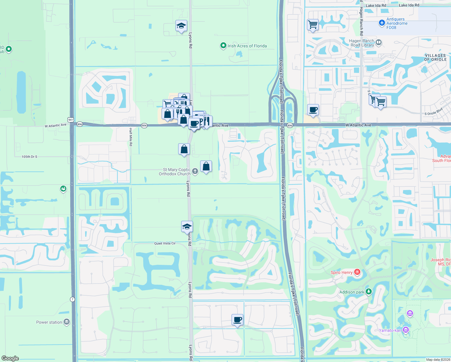 map of restaurants, bars, coffee shops, grocery stores, and more near 15495 Tall Oak Avenue in Delray Beach
