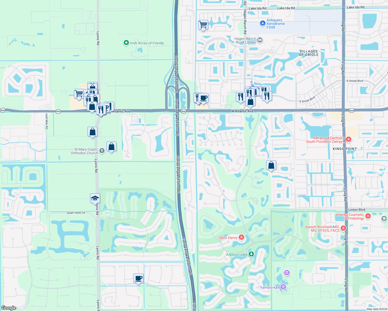 map of restaurants, bars, coffee shops, grocery stores, and more near 8034 Clear Shores Circle in Delray Beach