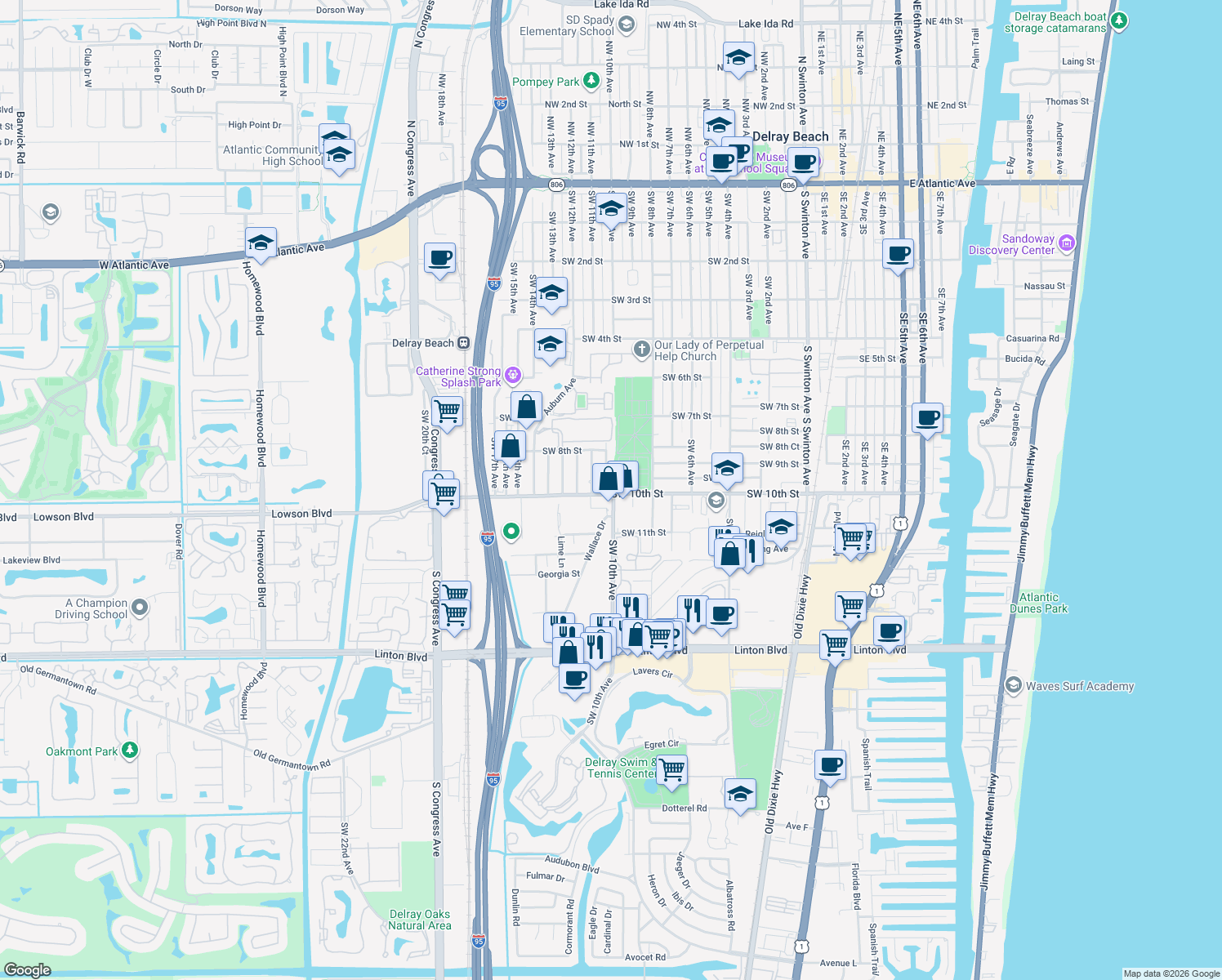 map of restaurants, bars, coffee shops, grocery stores, and more near 929 Southwest 10th Avenue in Delray Beach