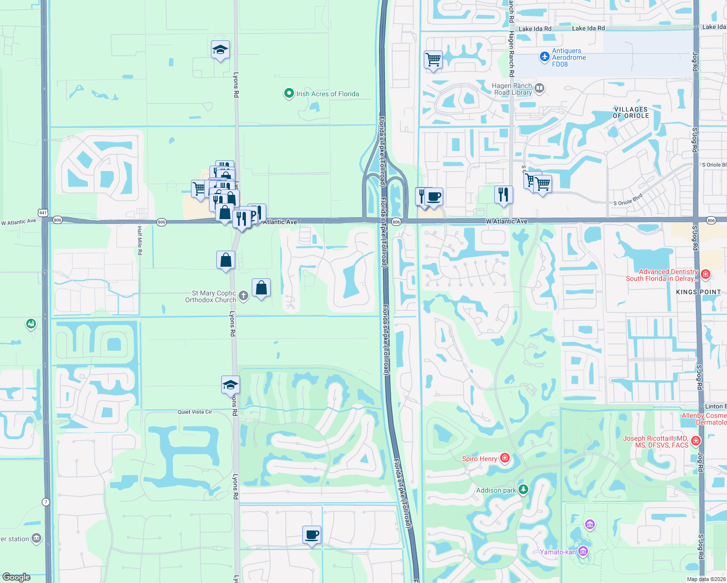 map of restaurants, bars, coffee shops, grocery stores, and more near 8387 Sawpine Road in Delray Beach