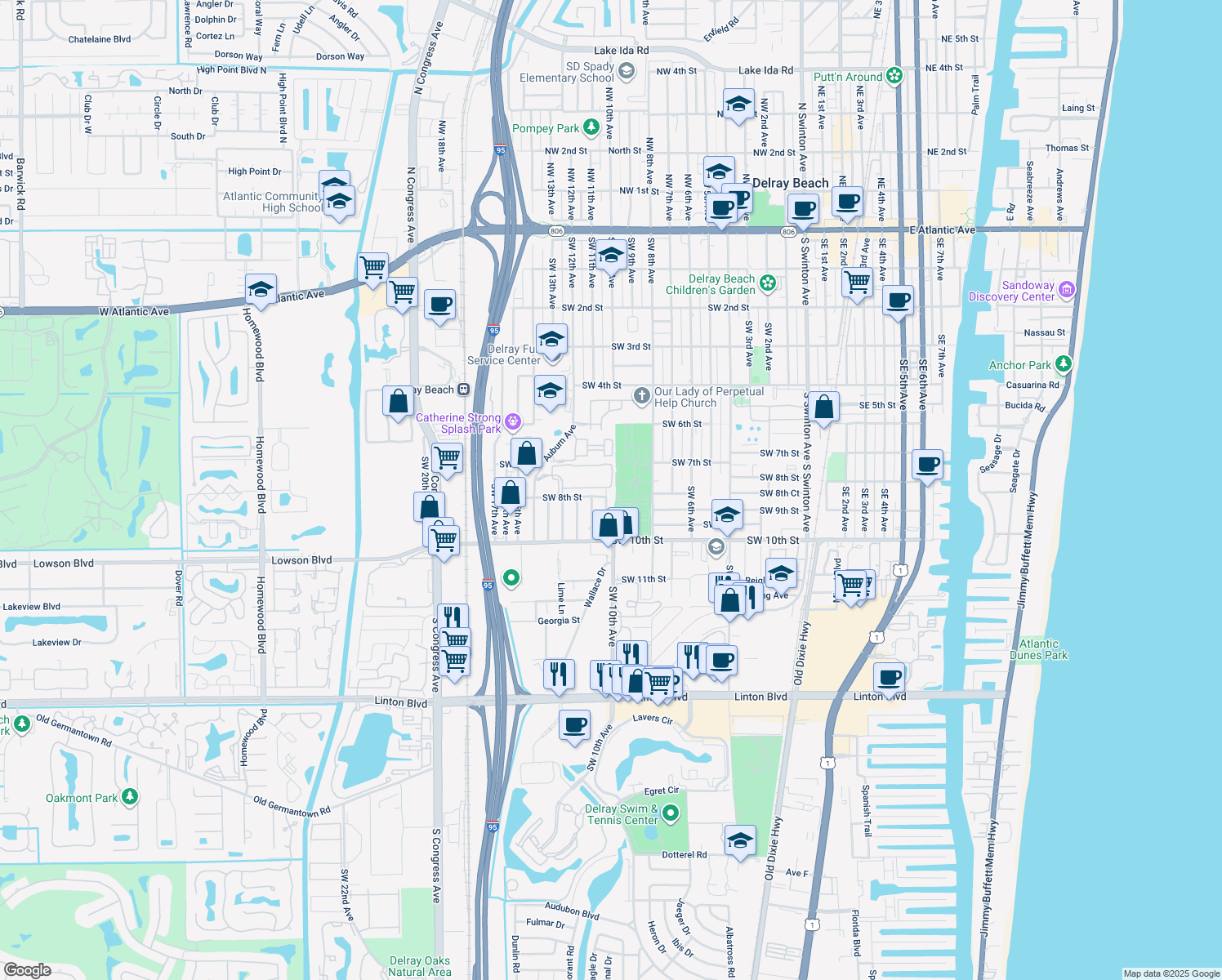 map of restaurants, bars, coffee shops, grocery stores, and more near 731 Southwest 10th Avenue in Delray Beach