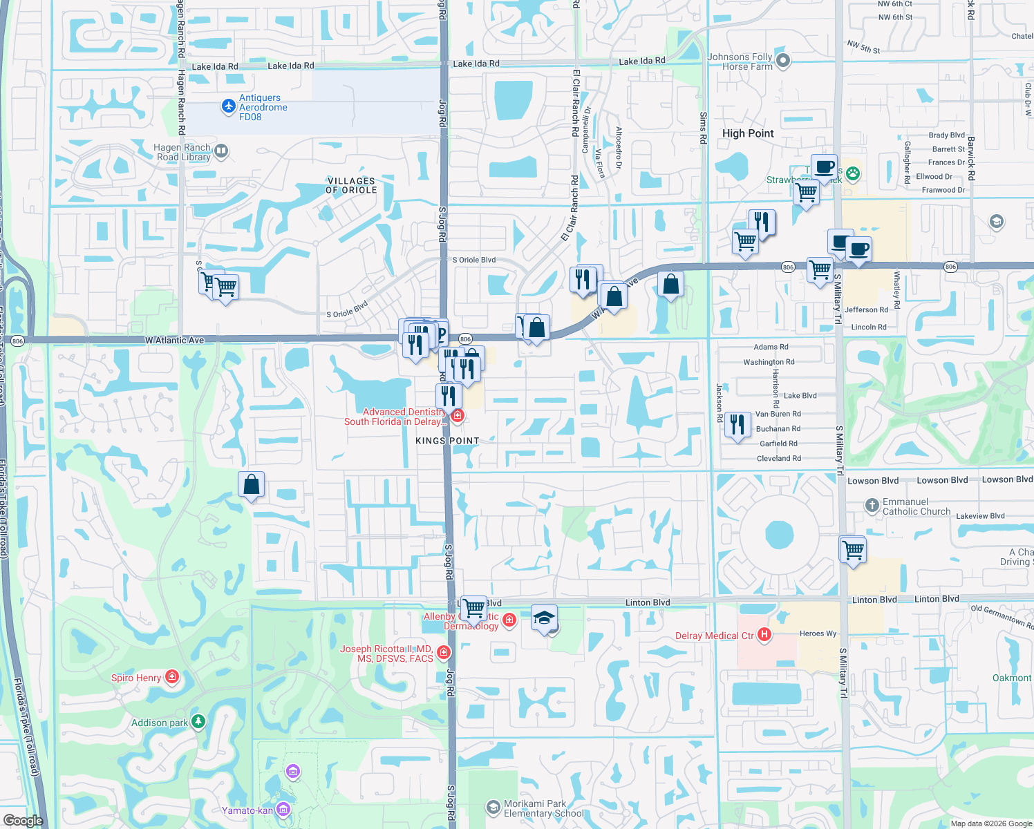 map of restaurants, bars, coffee shops, grocery stores, and more near 6174 Caladium Road in Delray Beach