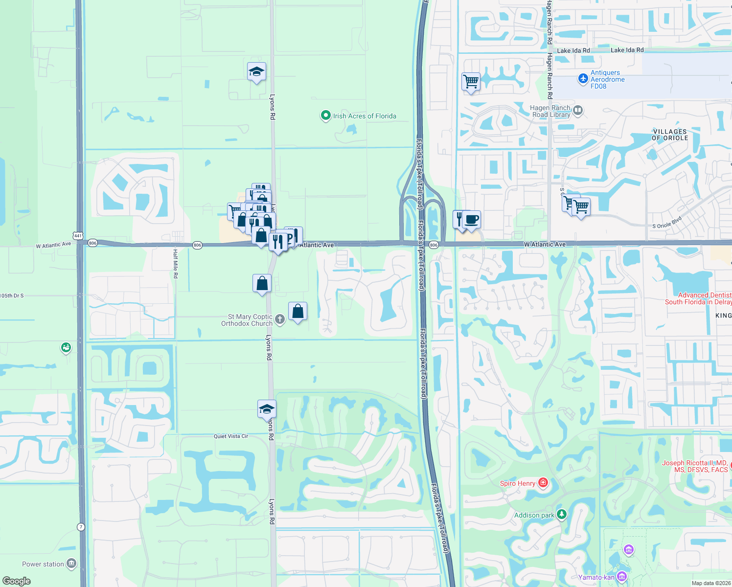 map of restaurants, bars, coffee shops, grocery stores, and more near 8648 Sawpine Road in Delray Beach