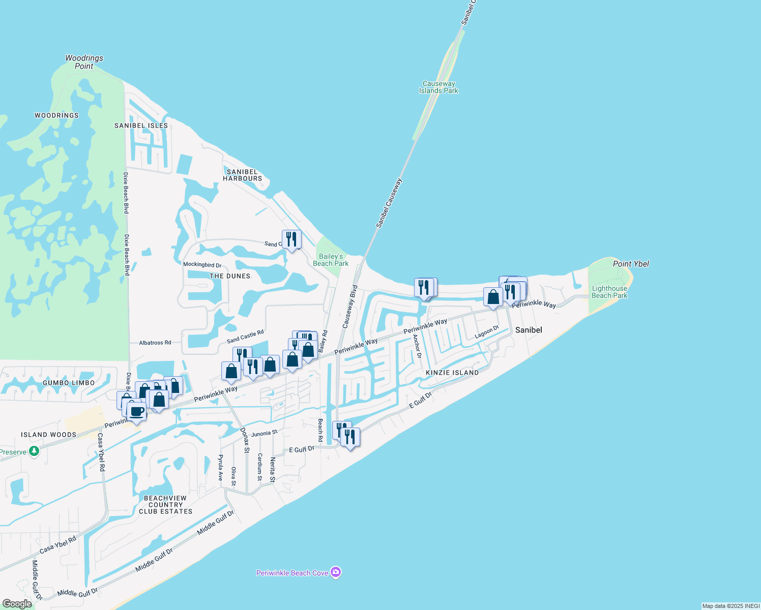 map of restaurants, bars, coffee shops, grocery stores, and more near 837 Limpet Drive in Sanibel