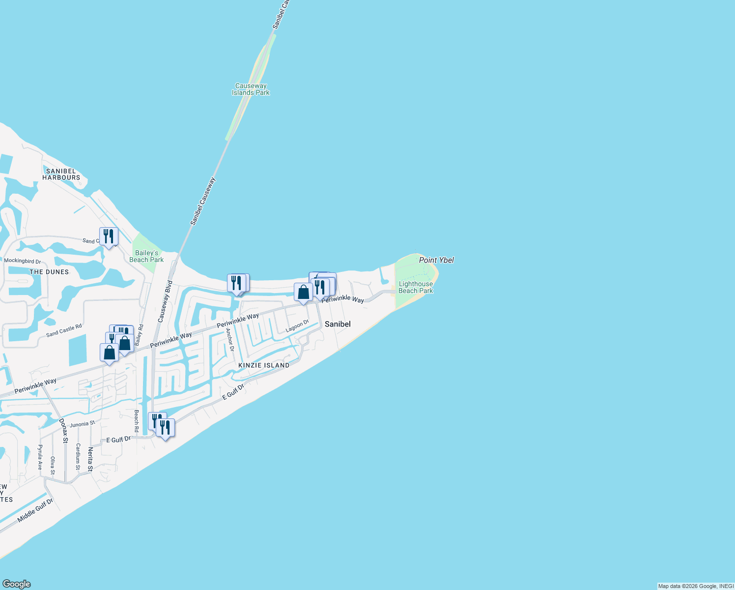 map of restaurants, bars, coffee shops, grocery stores, and more near 268 Ferry Landing Drive in Sanibel