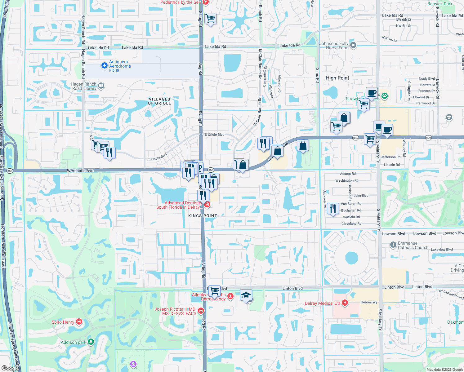 map of restaurants, bars, coffee shops, grocery stores, and more near 6189 Petunia Road in Delray Beach