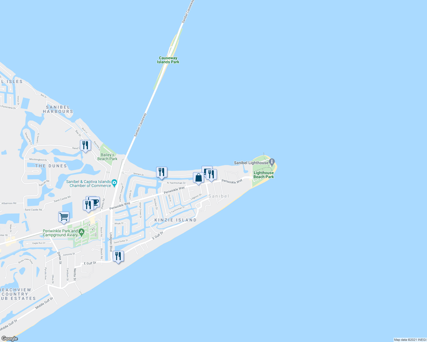 map of restaurants, bars, coffee shops, grocery stores, and more near 1248 Buttonwood Lane in Sanibel