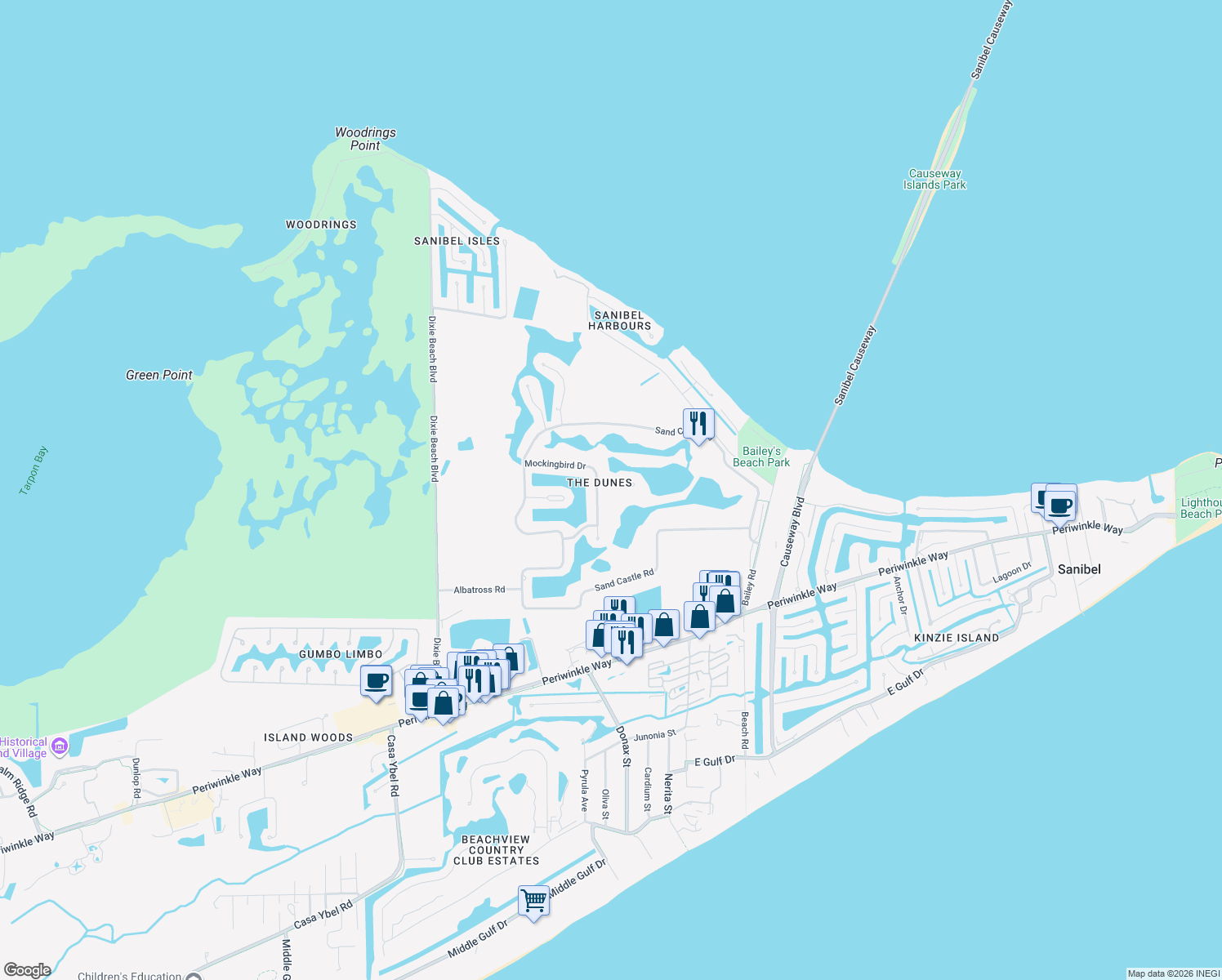 map of restaurants, bars, coffee shops, grocery stores, and more near 1210 Kittiwake Circle in Sanibel