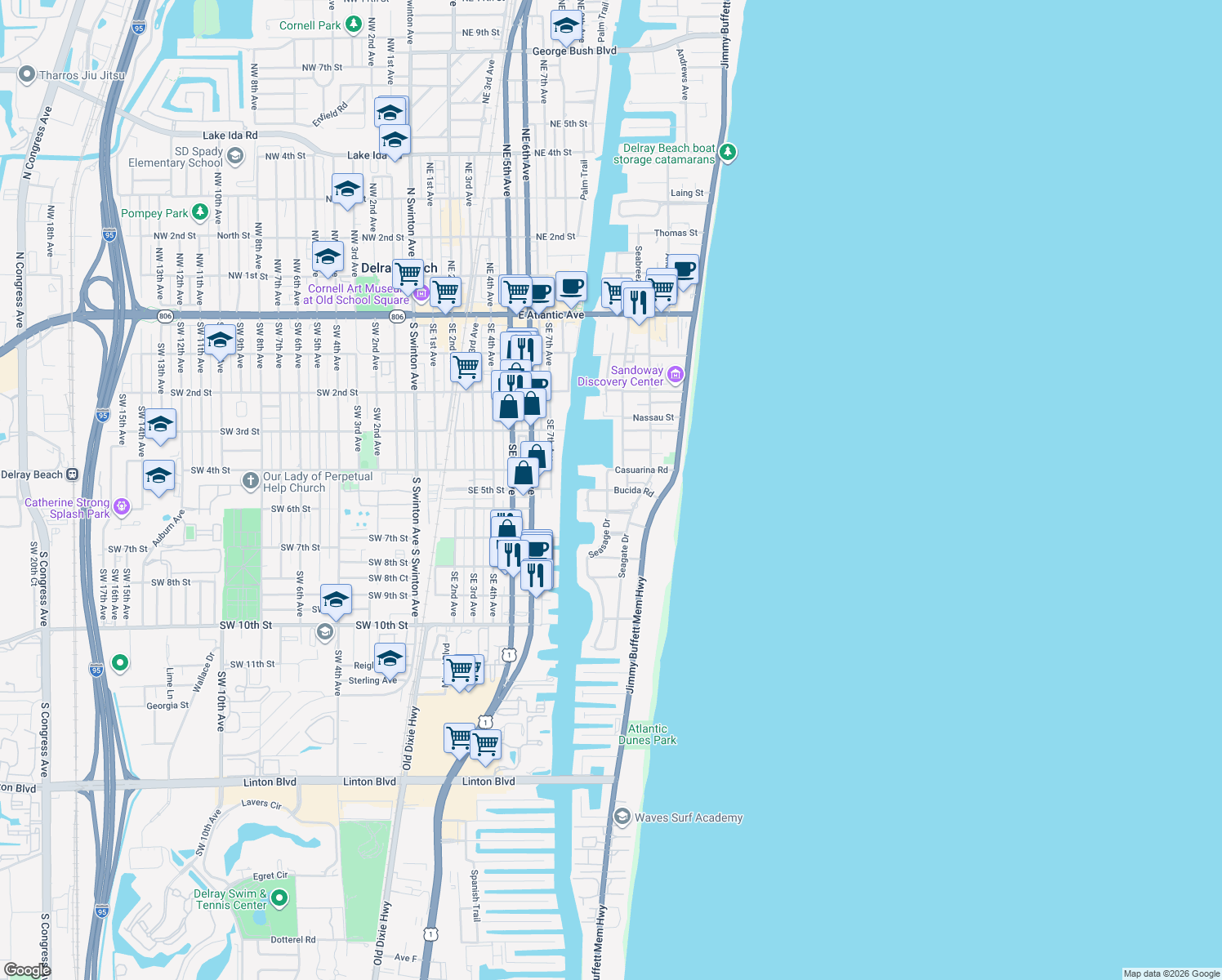 map of restaurants, bars, coffee shops, grocery stores, and more near 1005 Bucida Road in Delray Beach