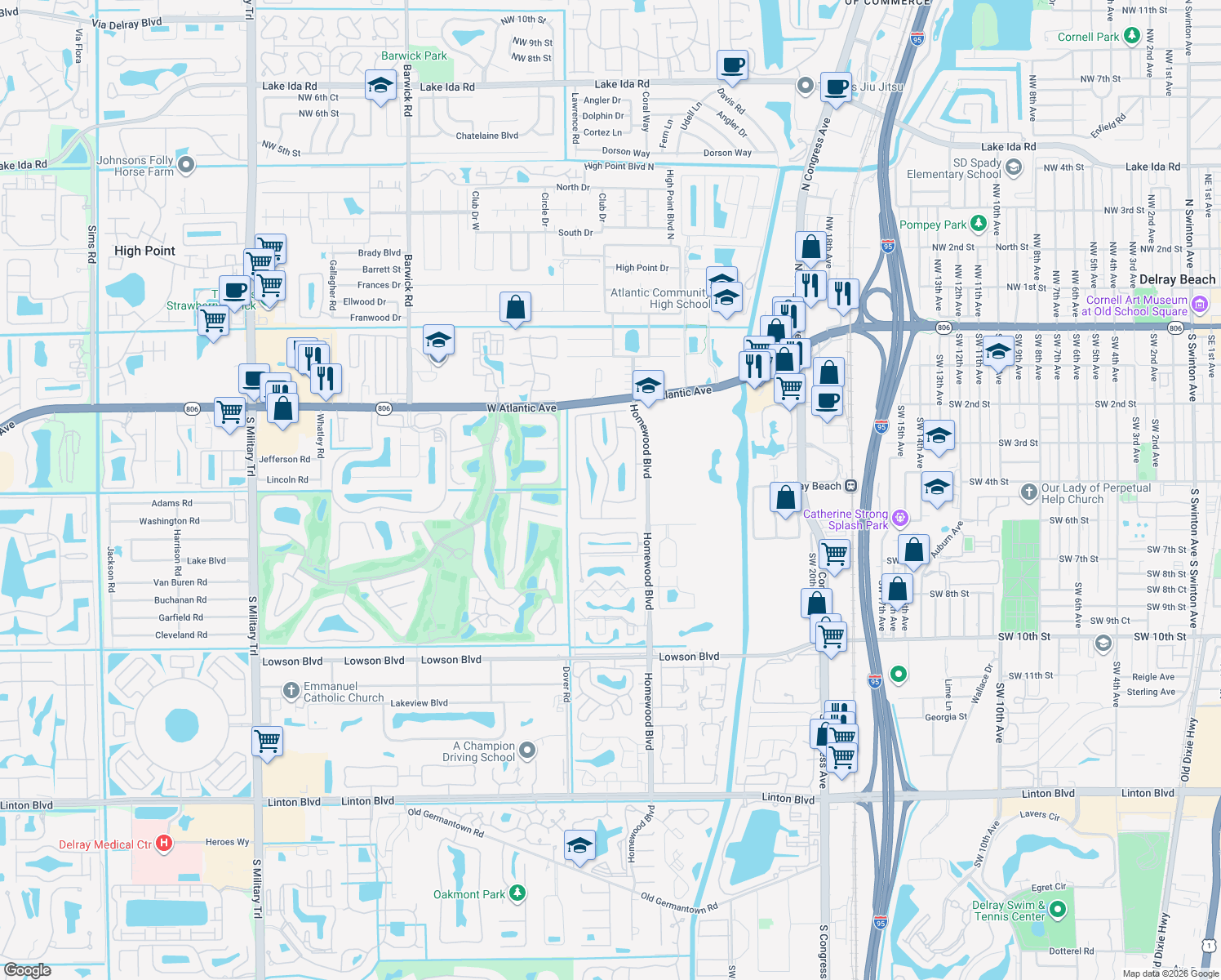 map of restaurants, bars, coffee shops, grocery stores, and more near 493 Southwest 28th Avenue in Delray Beach