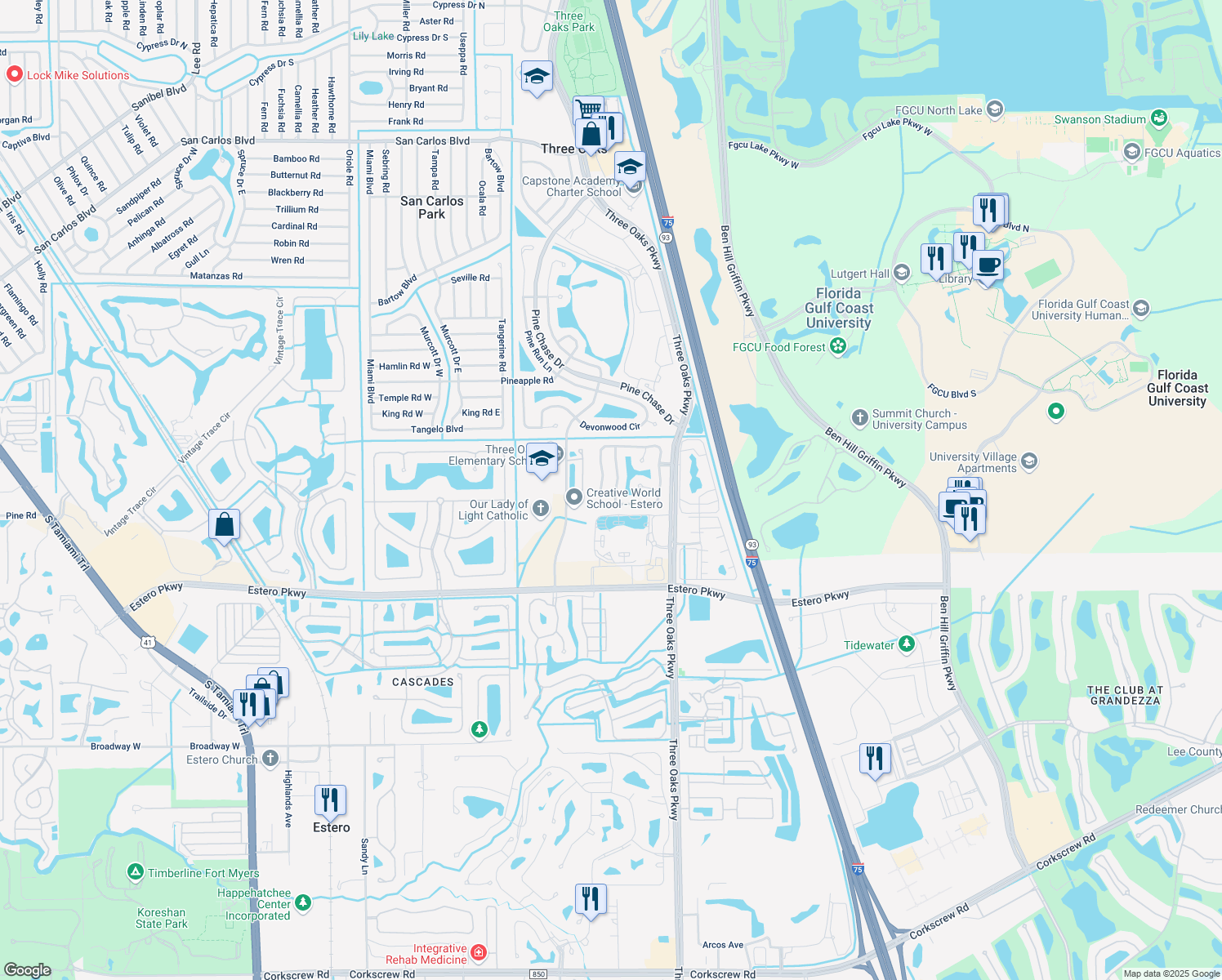 map of restaurants, bars, coffee shops, grocery stores, and more near 19630 Oak Forest Drive in Fort Myers
