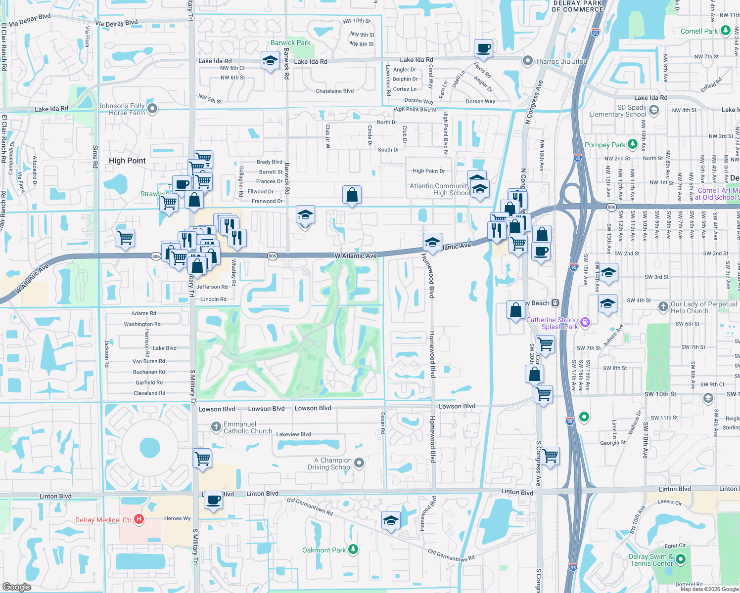 map of restaurants, bars, coffee shops, grocery stores, and more near 330 Glenwood Drive in Delray Beach