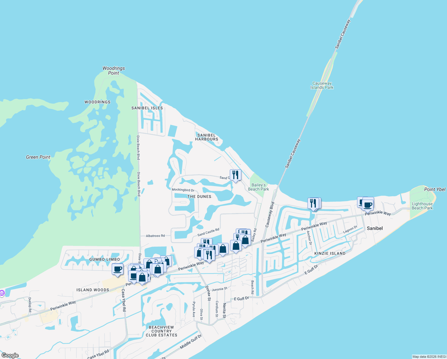map of restaurants, bars, coffee shops, grocery stores, and more near 1643 Sand Castle Road in Sanibel