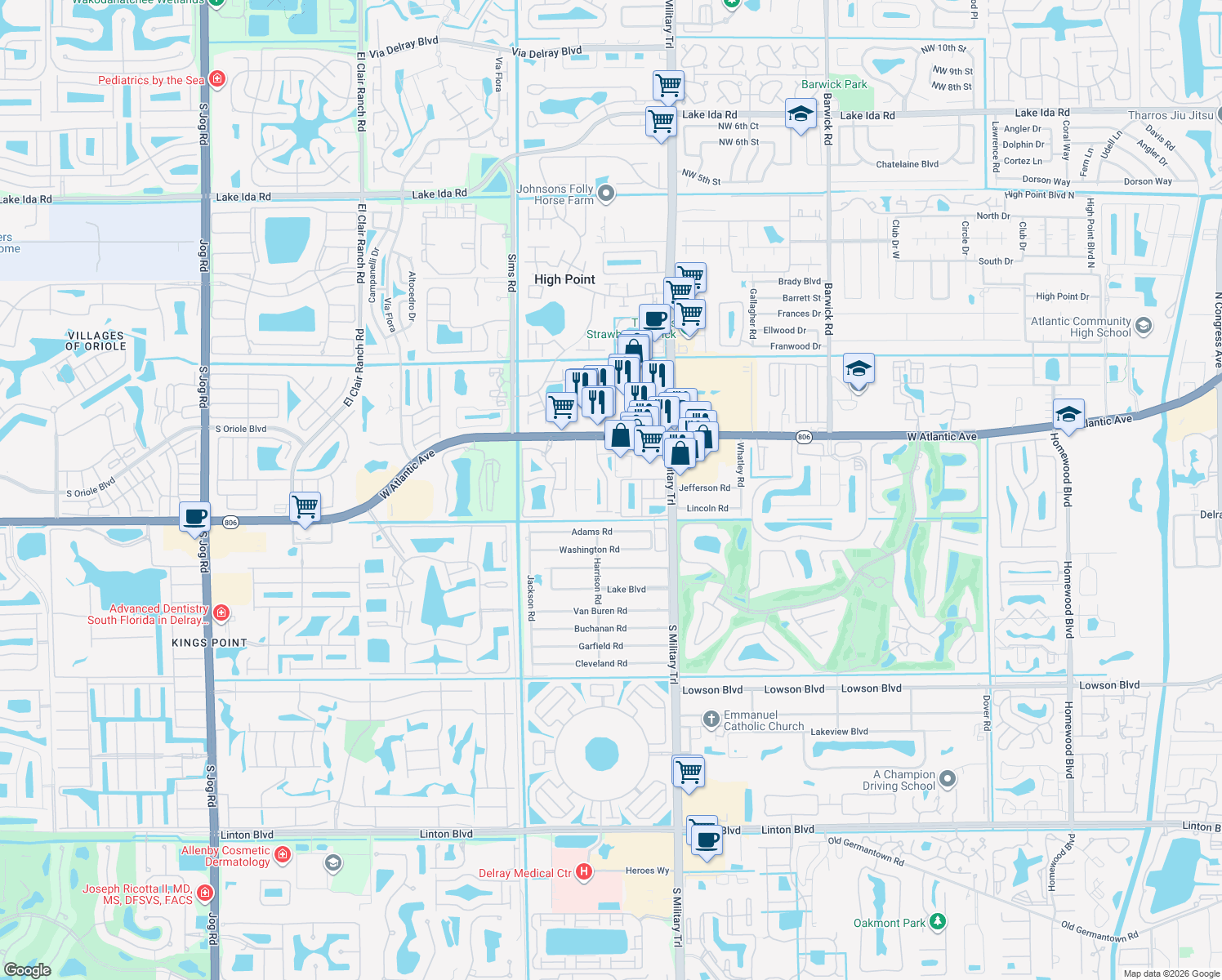 map of restaurants, bars, coffee shops, grocery stores, and more near 139 Coconut Key Ln in Delray Beach