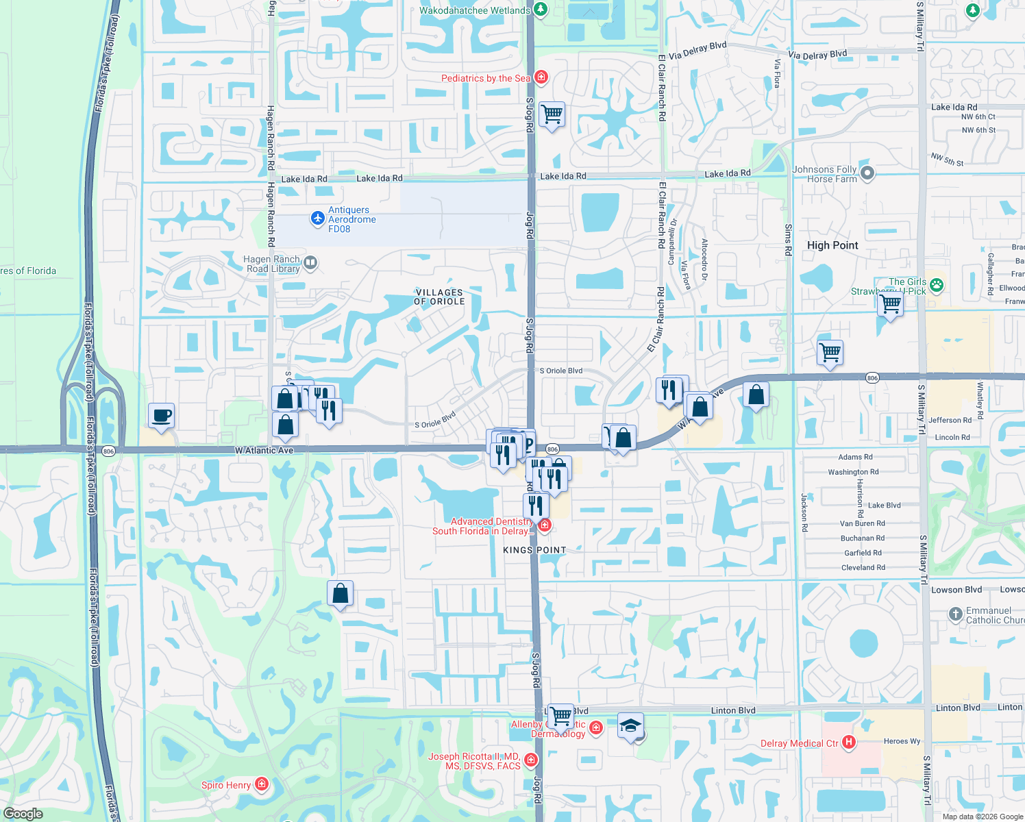 map of restaurants, bars, coffee shops, grocery stores, and more near 14822 Wildflower Lane in Delray Beach