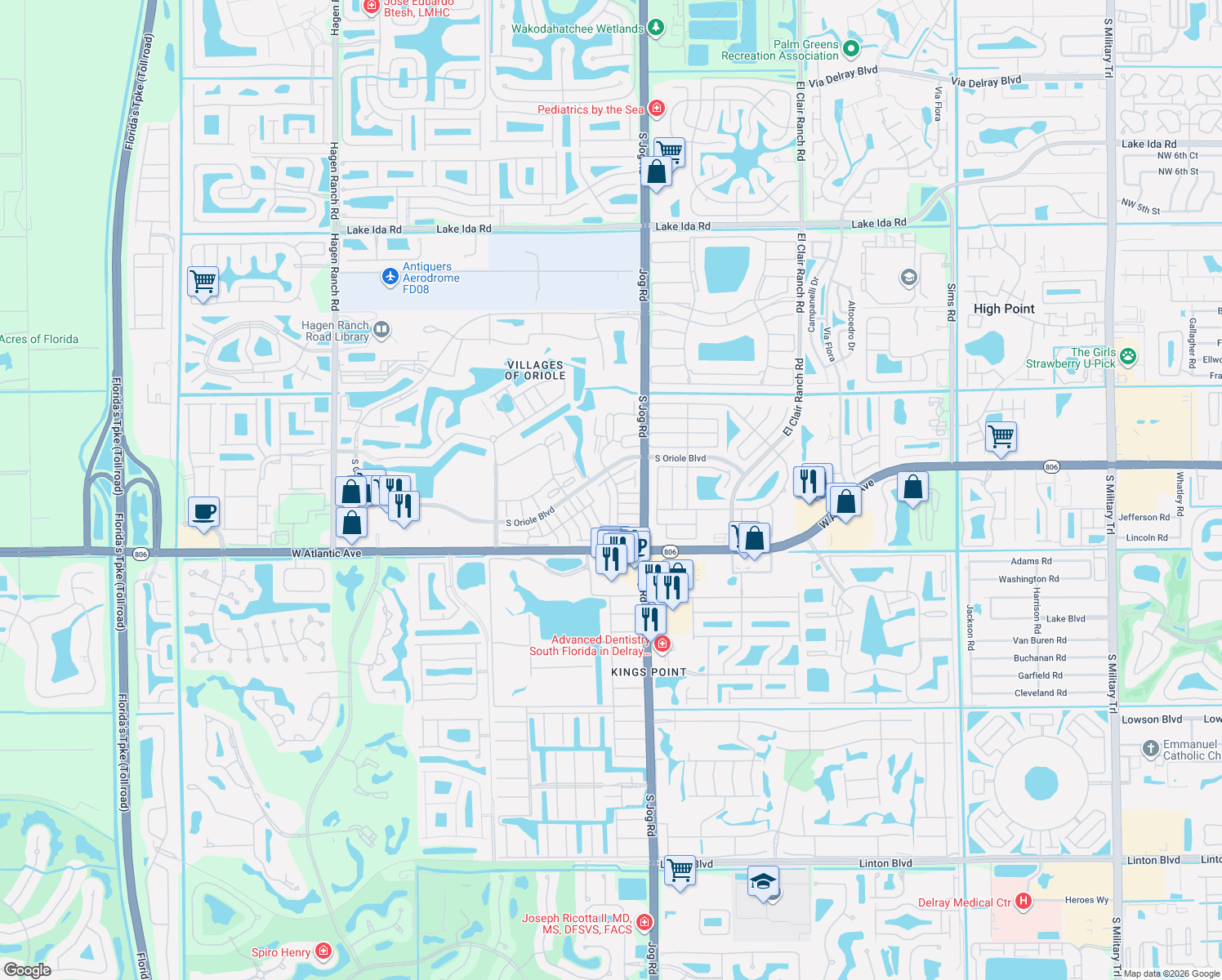 map of restaurants, bars, coffee shops, grocery stores, and more near 14771 Wildflower Lane in Delray Beach