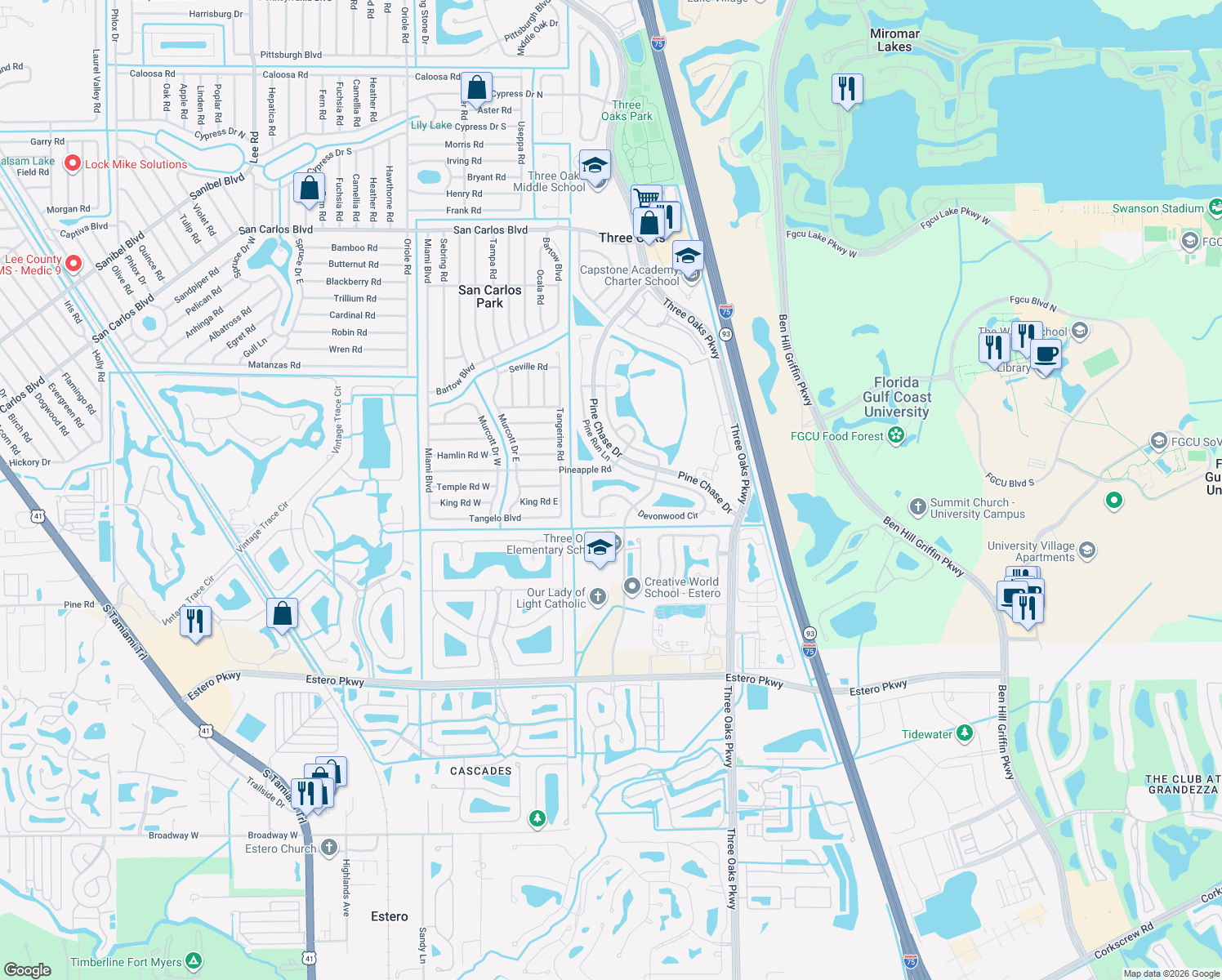 map of restaurants, bars, coffee shops, grocery stores, and more near 9363 Windlake Drive in Fort Myers