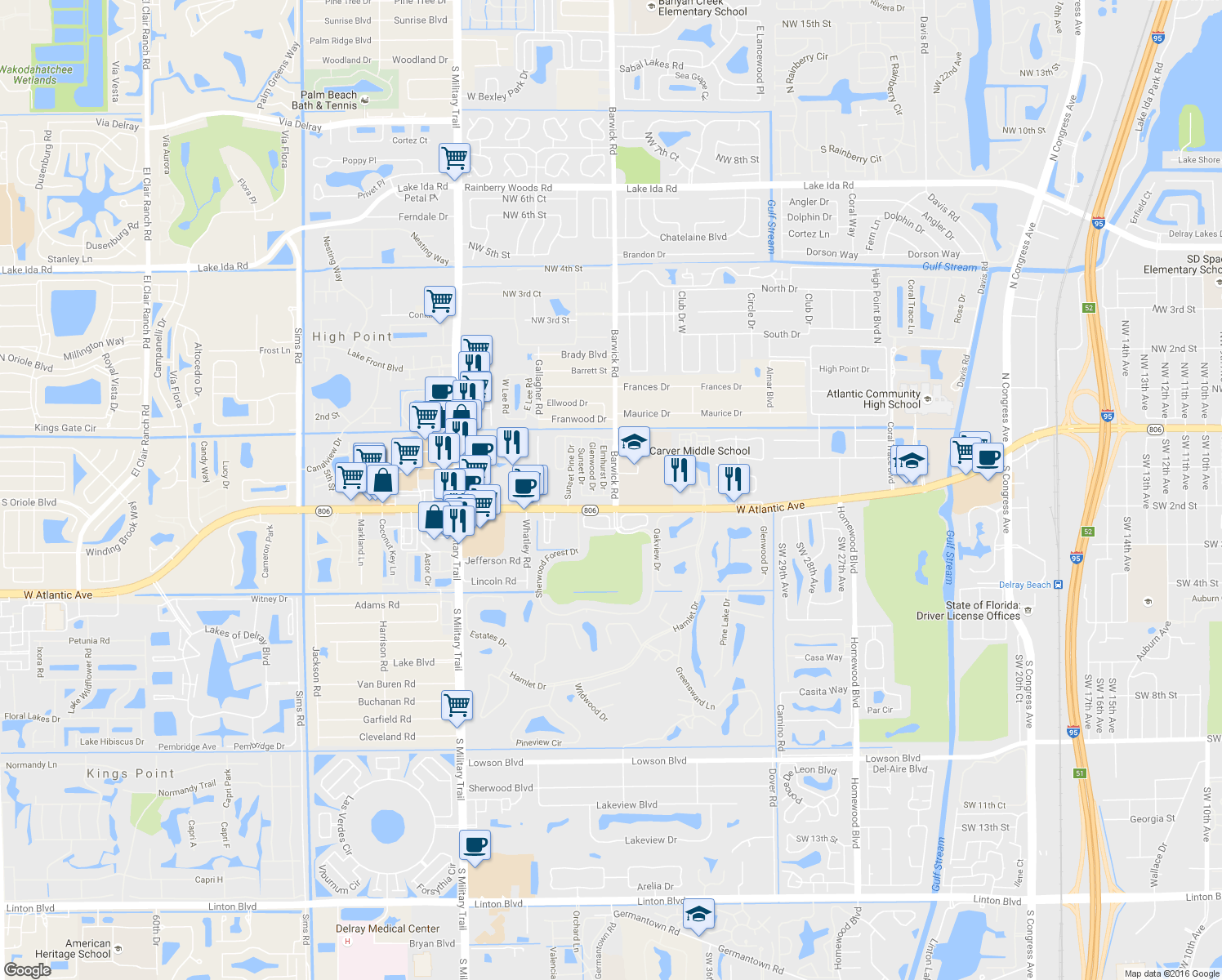 map of restaurants, bars, coffee shops, grocery stores, and more near 14683 Barwick Rd in Delray Beach
