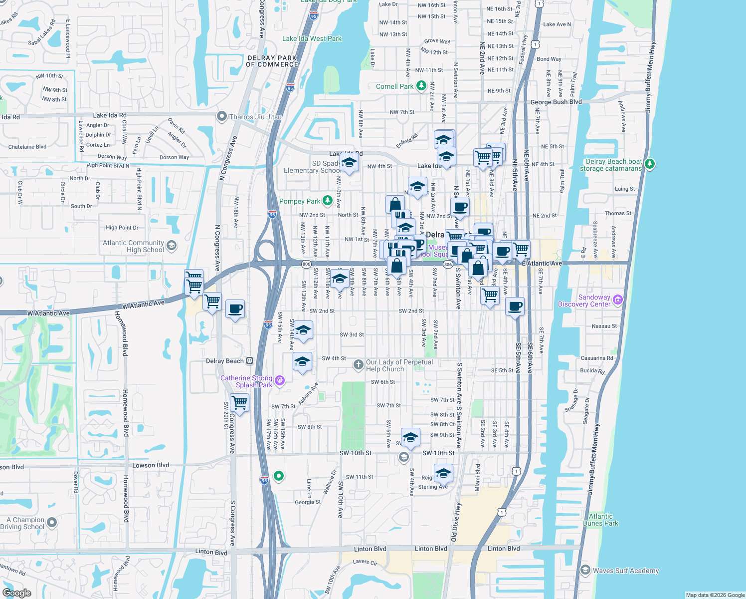 map of restaurants, bars, coffee shops, grocery stores, and more near 126 Southwest 7th Avenue in Delray Beach