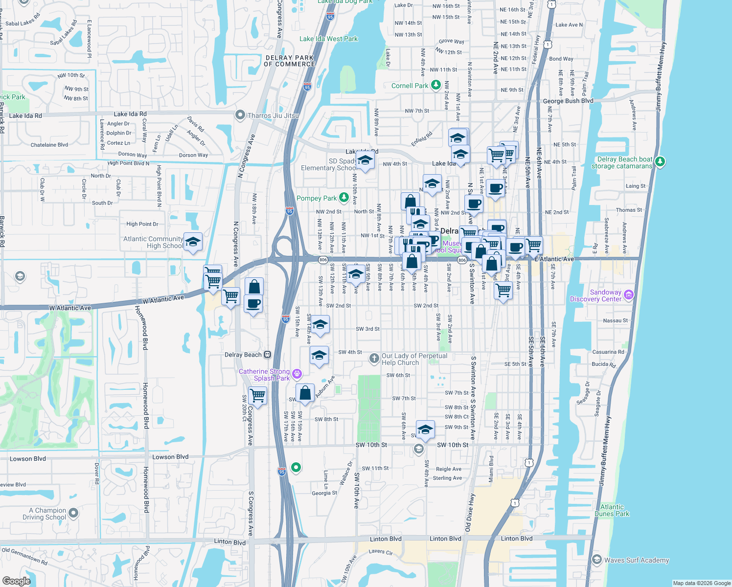 map of restaurants, bars, coffee shops, grocery stores, and more near 122 Southwest 9th Avenue in Delray Beach