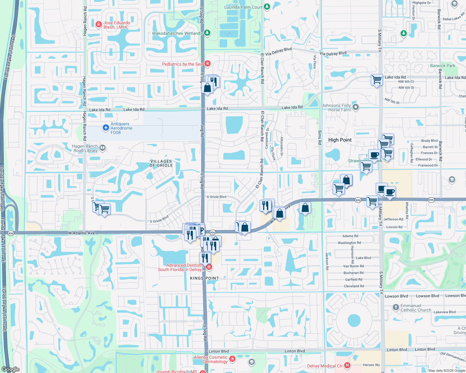 map of restaurants, bars, coffee shops, grocery stores, and more near 14624 Country Side Lane in Delray Beach