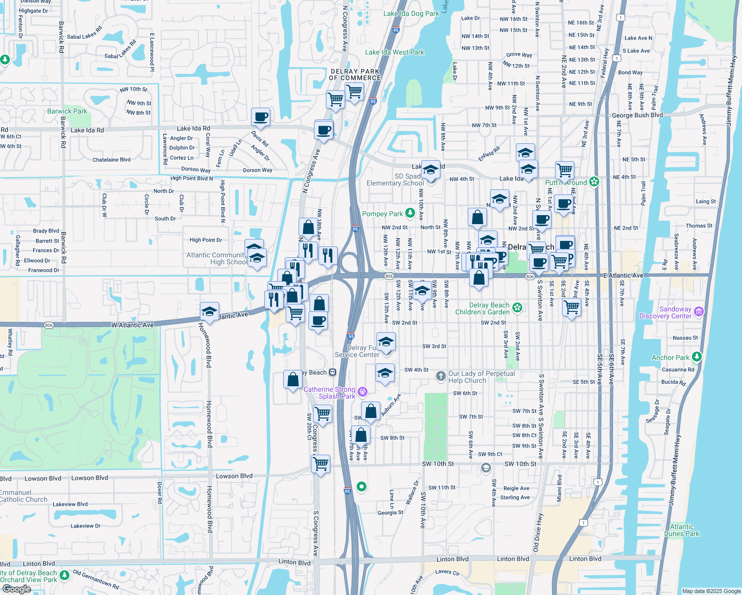 map of restaurants, bars, coffee shops, grocery stores, and more near 46 Southwest 14th Avenue in Delray Beach
